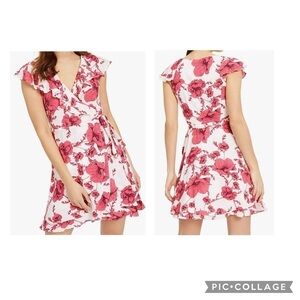 Free People French Quarter Floral Mini Wrap Dress in Ivory Ruffle Trim Size S